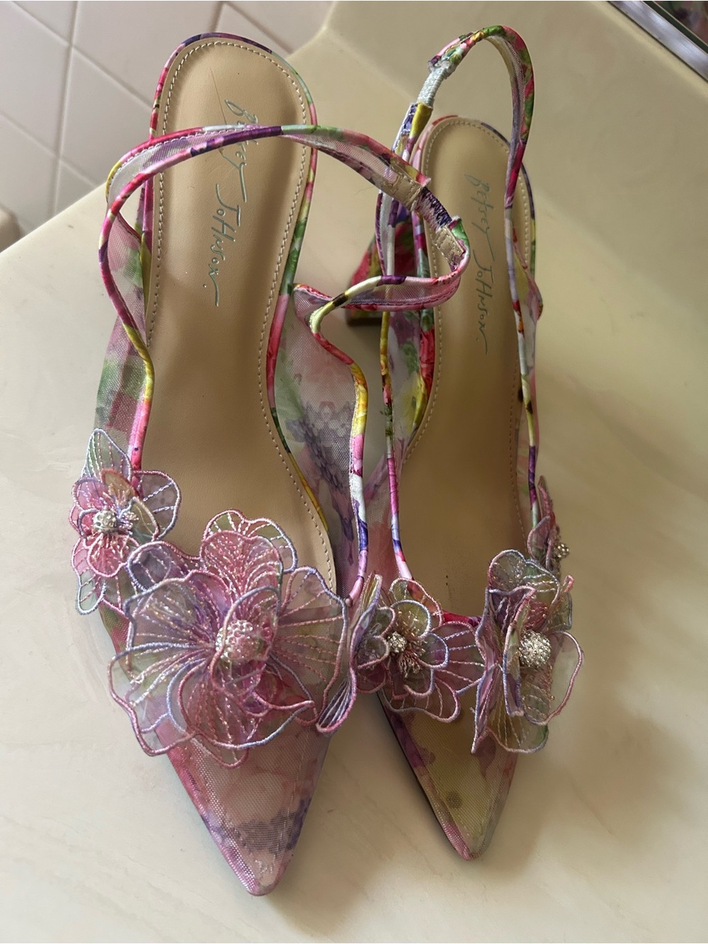 Betsey Johnson Pink Multicolor Floral Appliqué Pointed Heels - Picture 4 of 6
